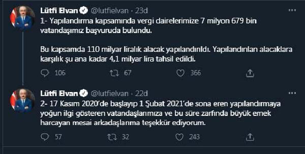 Bakan Elvan: 110 milyar liralık alacak yapılandırıldı