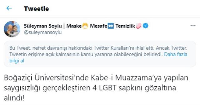 Twitter, Bakan Soylu'nun LGBT'lilerle ilgili paylaşımına kısıtlama getirdi