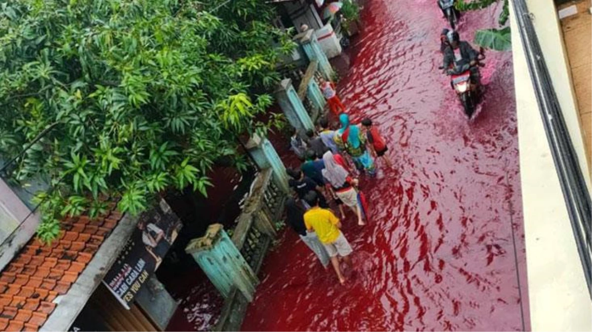Endonezya\'da sel atık boya ile karıştı, sokaklar kırmızıya büründü