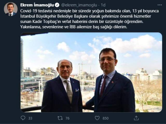 Ekrem İmamoğlu, hayatını kaybeden Kadir Topbaş için baş sağlığı mesajı paylaştı