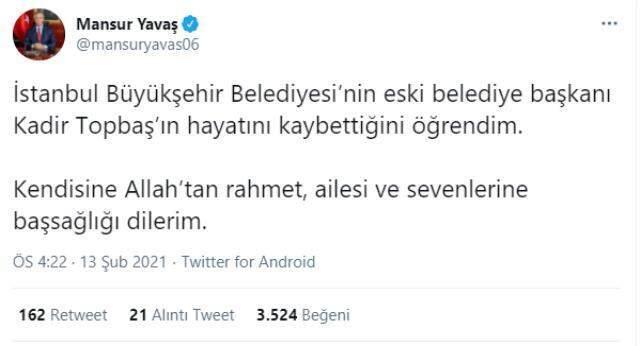 Ekrem İmamoğlu ve Mansur Yavaş, hayatını kaybeden Kadir Topbaş için başsağlığı mesajı paylaştı