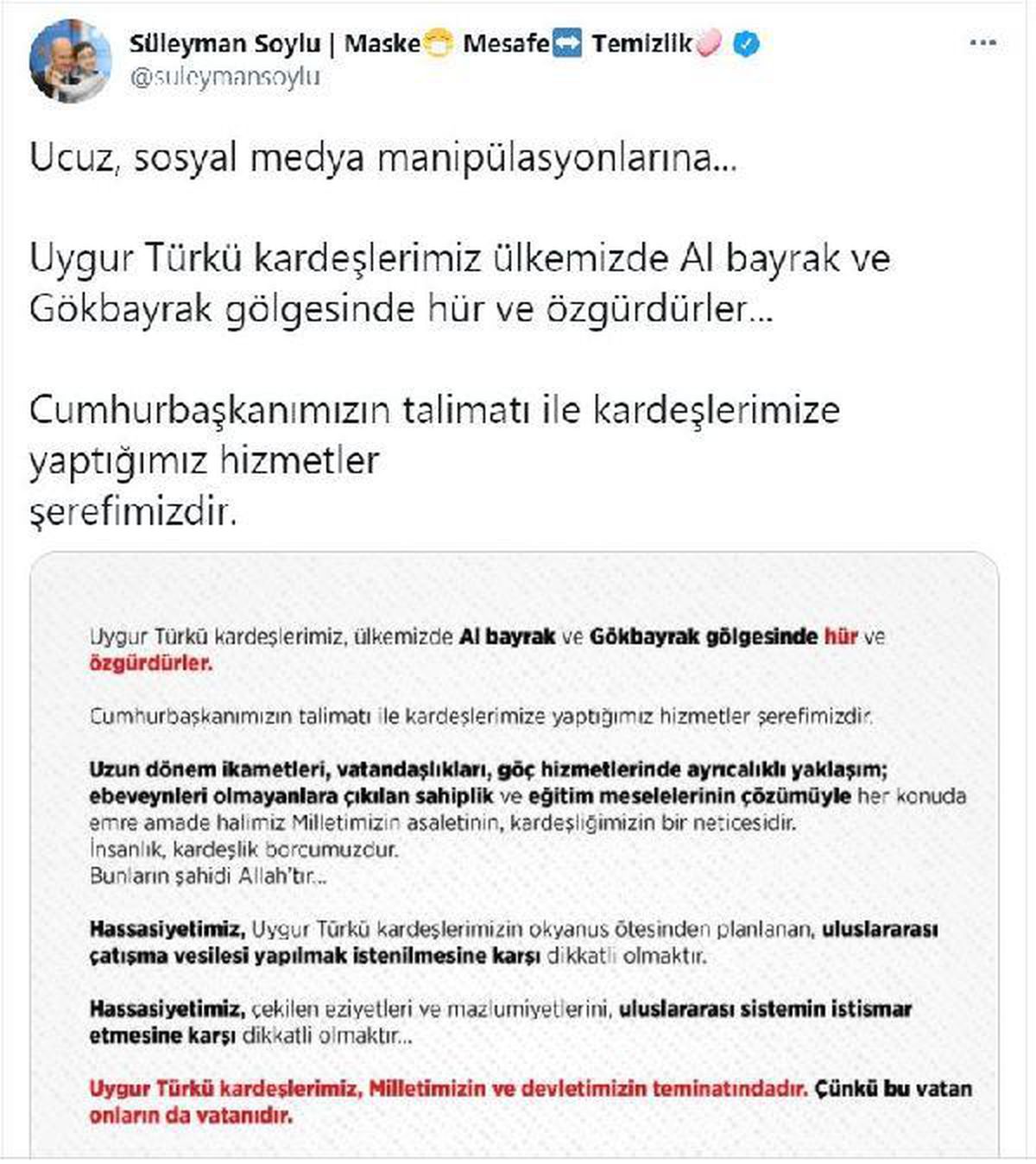 Bakan Soylu: Uygur Türkü kardeşlerimiz, devletimizin teminatındadır
