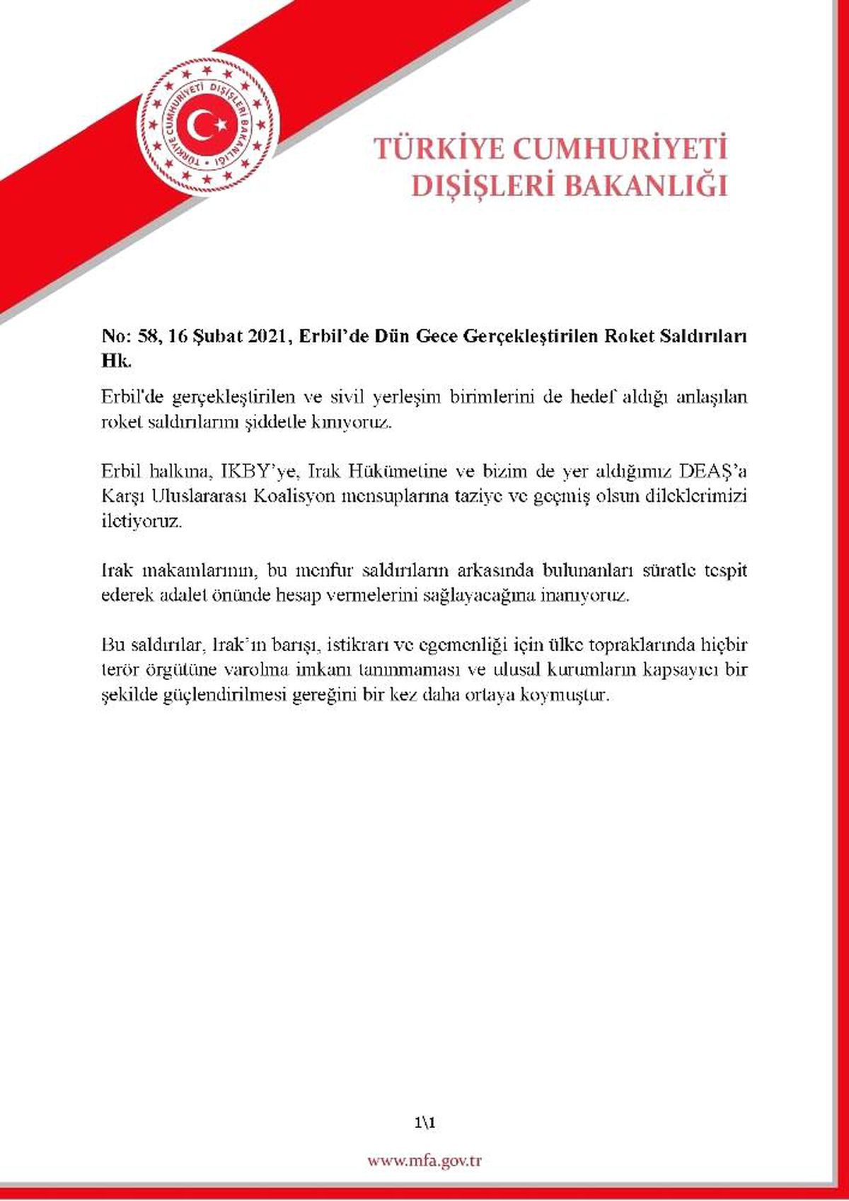 Türkiye, Erbil\'de gerçekleştirilen roket saldırılarını kınadı