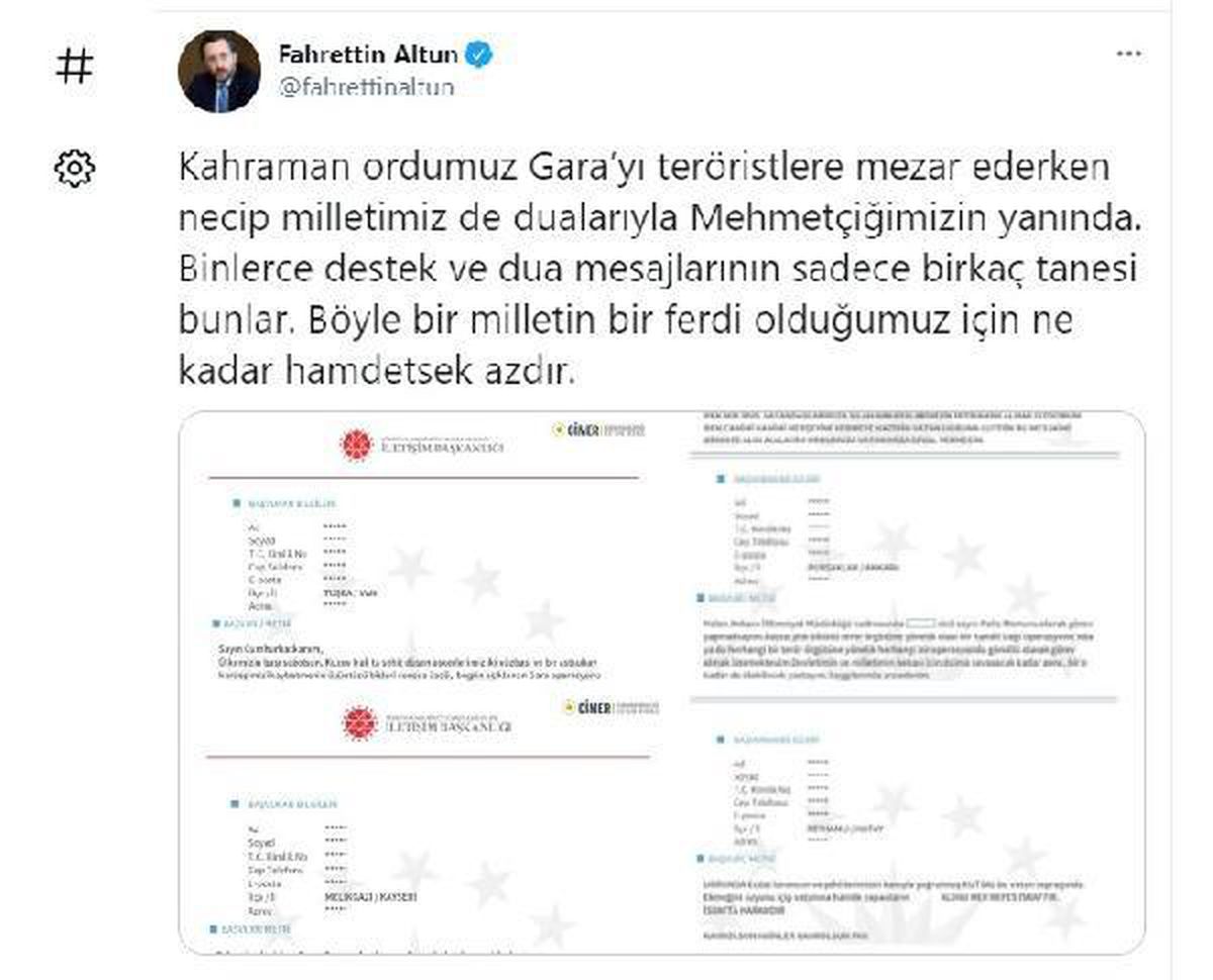Son dakika haberleri! İletişim Başkanı Altun, \'Gara\'ya destek mesajlarını paylaştı