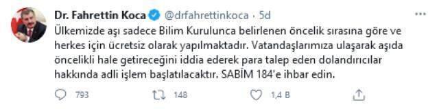 Sağlık Bakanı Fahrettin Koca'dan aşı dolandırıcılığı uyarısı