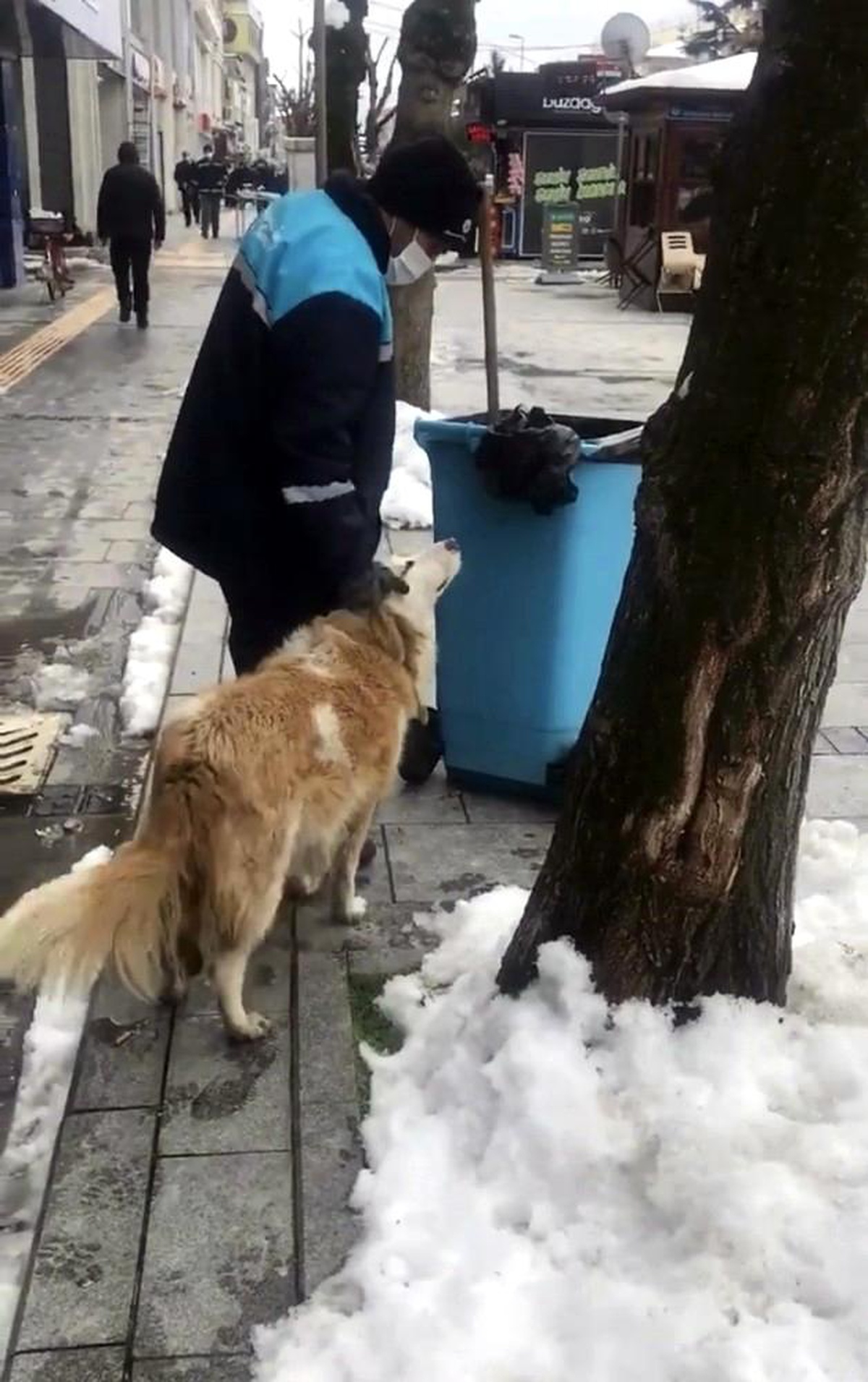 Sokakları temizlerken köpek sevgisiyle yürekleri ısıttı