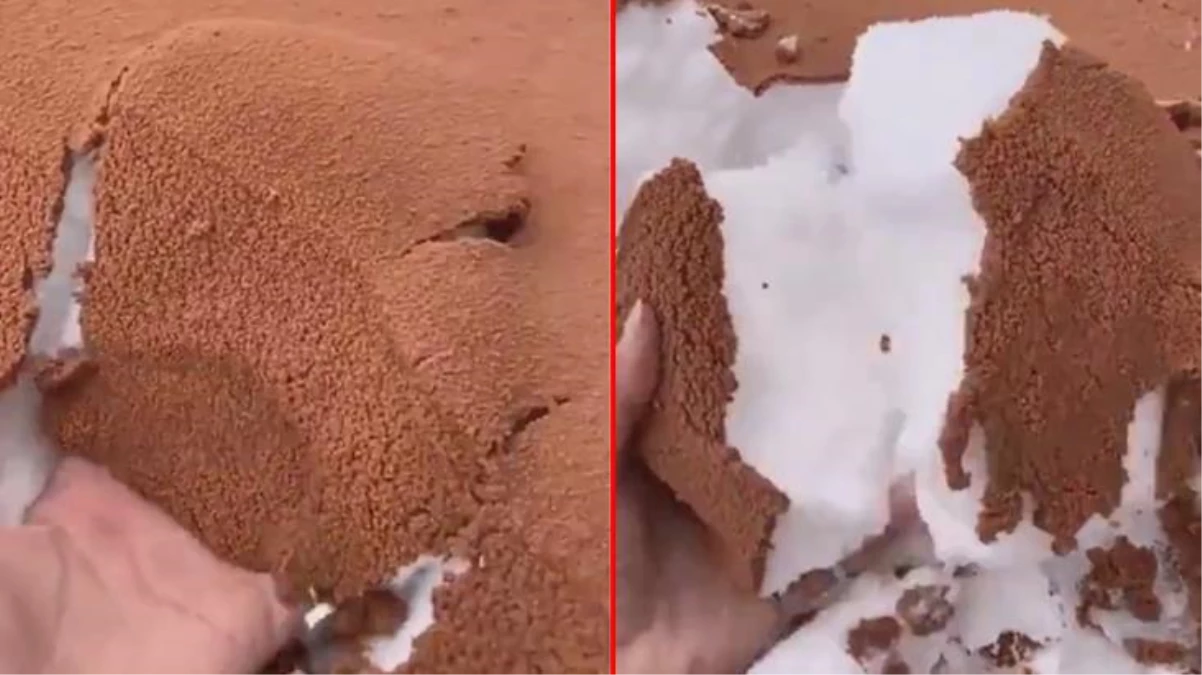 Suudi Arabistan\'da şaşkına çeviren görüntü: Karın üzeri kumla kaplandı, koca çöl çikolatalı pastaya döndü