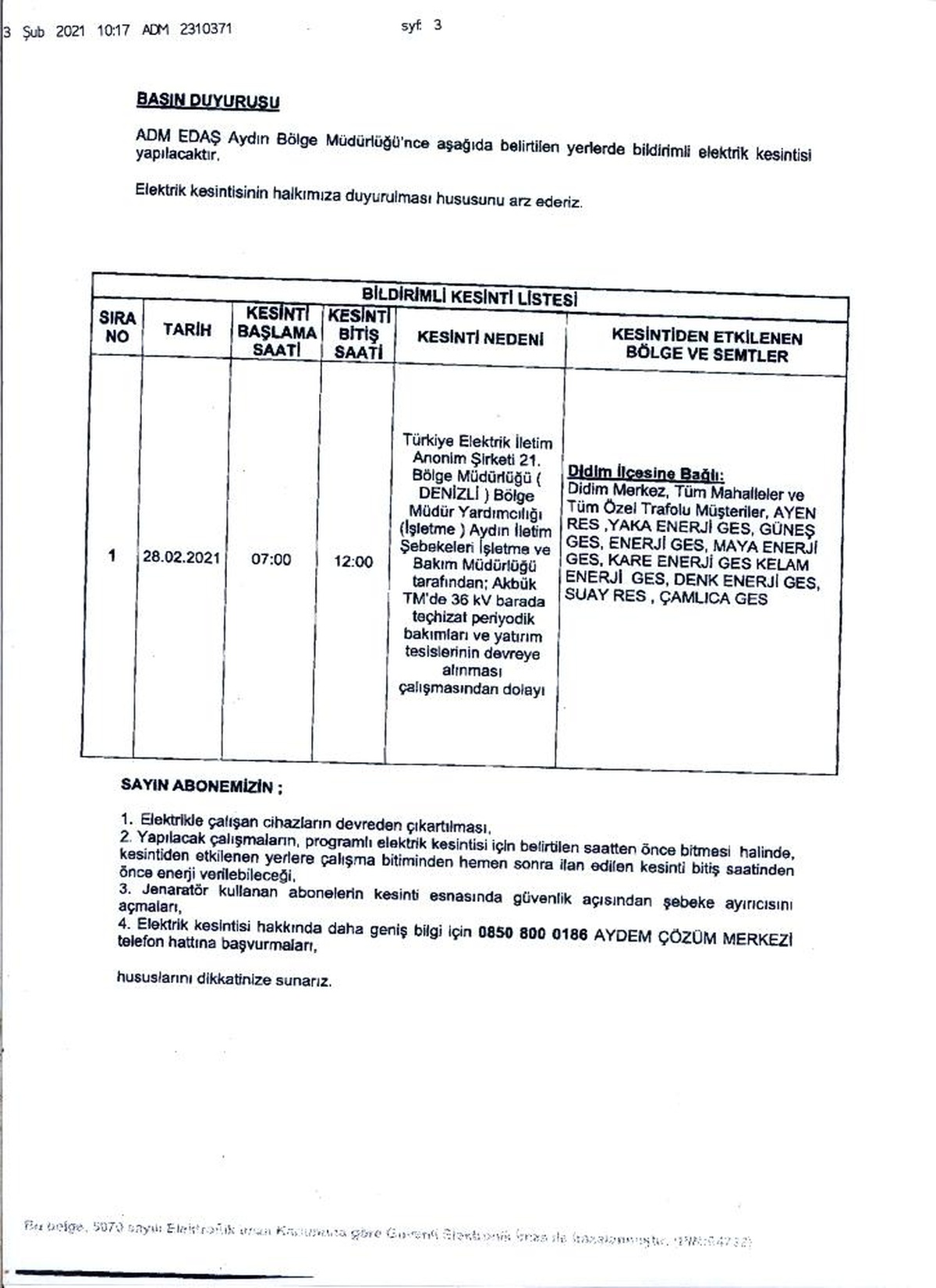 Aydın\'da 5 saat elektrik kesintisi yaşanacak
