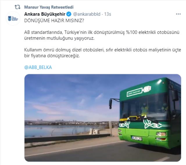 Ankara Büyükşehir Belediyesi'nin elektrikli otobüsü yola çıktı