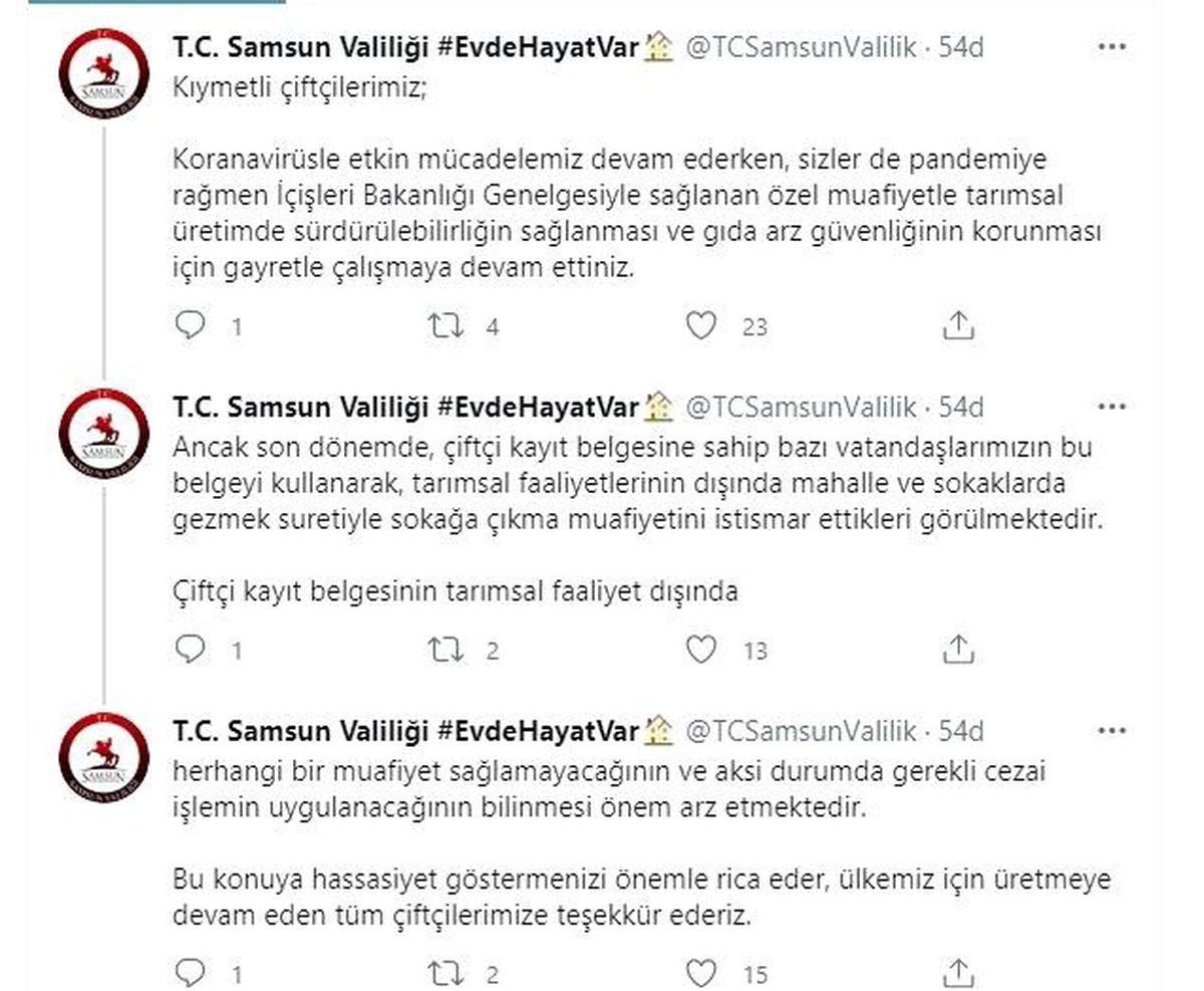 Samsun Valiliği: "Çiftçi kayıt belgesine sahip vatandaşlar sokağa çıkma muafiyetini istismar ediyor"