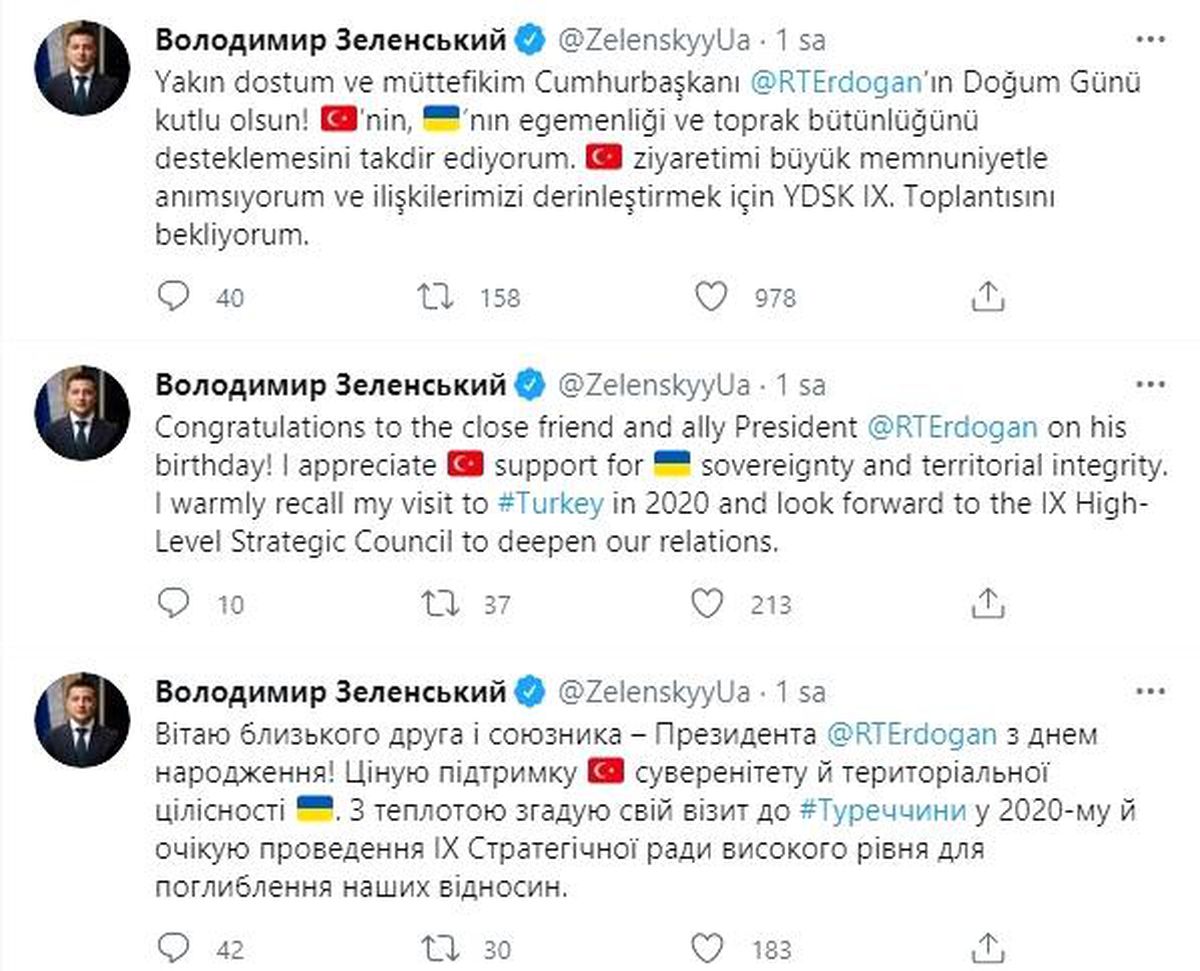 Ukrayna Devlet Başkanı Zelenskiy Cumhurbaşkanı Erdoğan\'ın doğum gününü kutladı