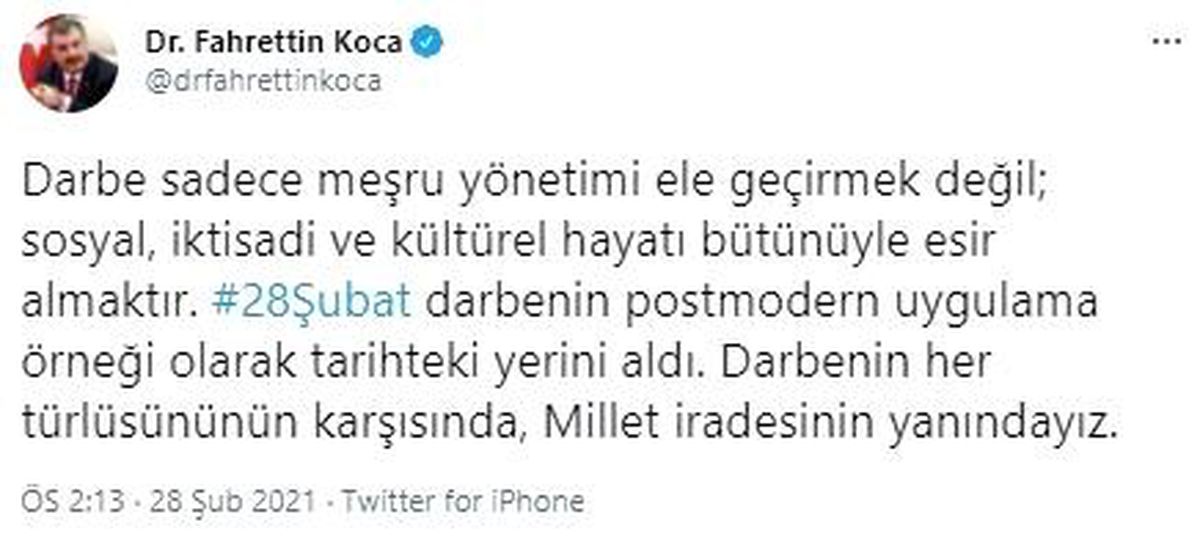 Bakan Koca, darbenin her türlüsünün karşısında, millet iradesinin yanında olduklarını belirtti