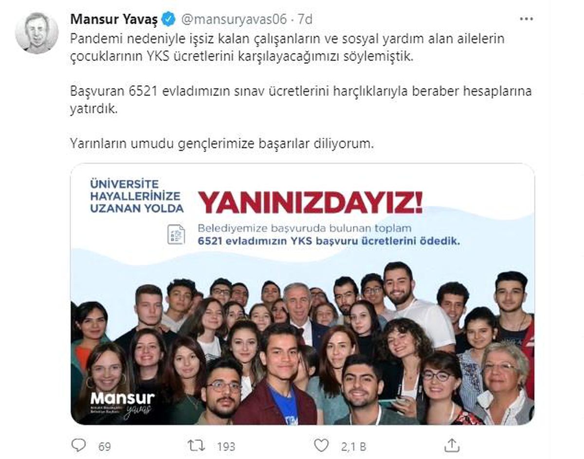 Ankara Büyükşehir Belediyesi YKS ödemesi desteği sözünü tuttu