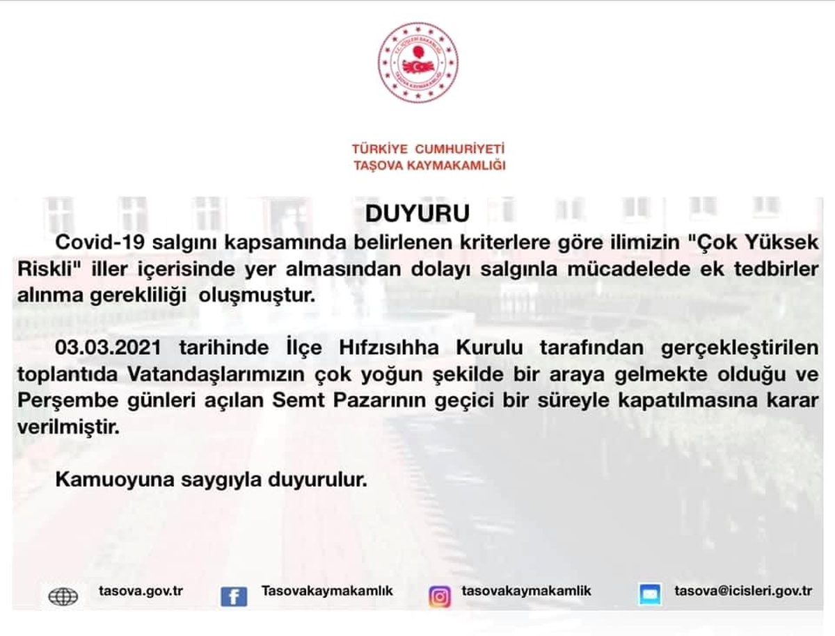 Amasya\'da semt pazarı geçici olarak kapatıldı