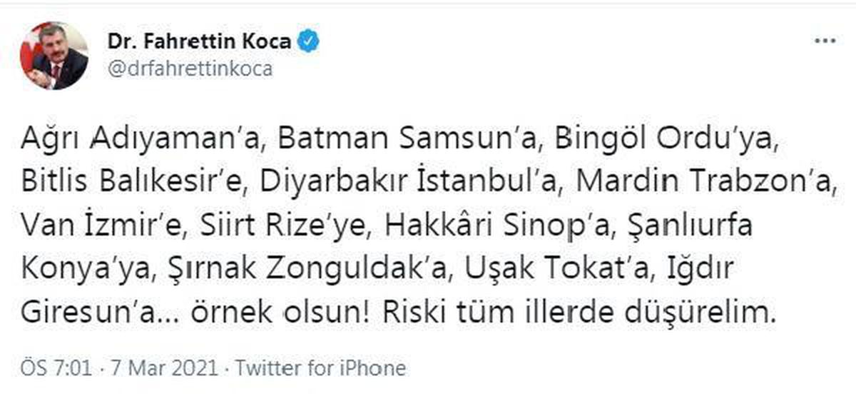 Bakan Koca: Riski tüm illerde düşürelim