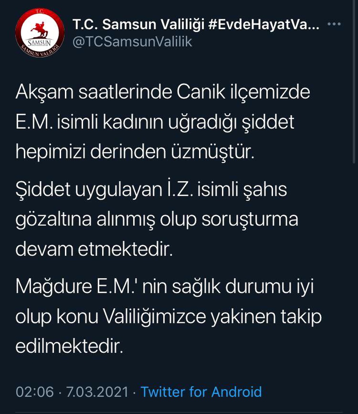 Samsun Valiliği\'nden kadına şiddet açıklaması