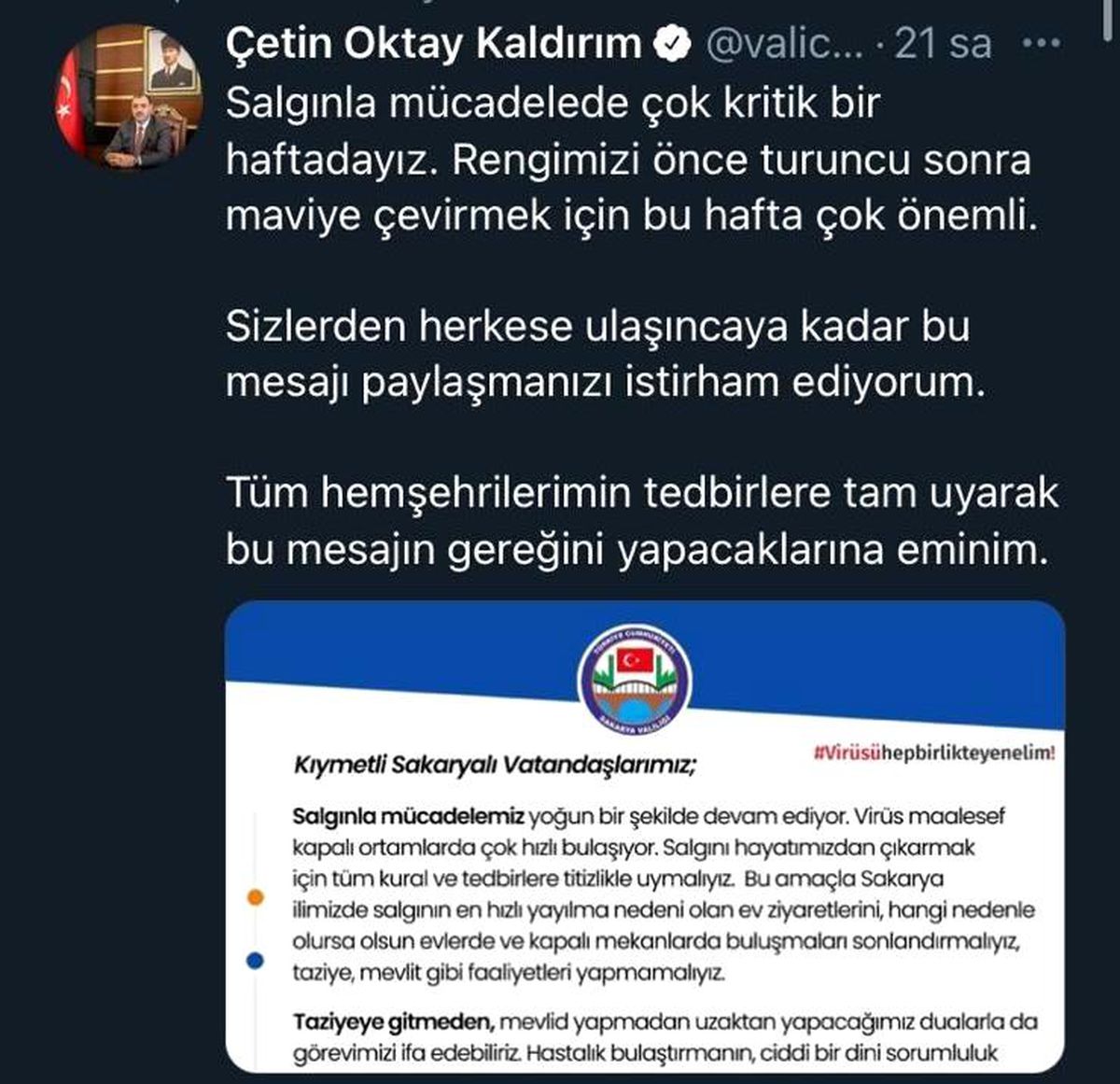 Kırmızı kategorideki Sakarya Valisi uyardı Açıklaması