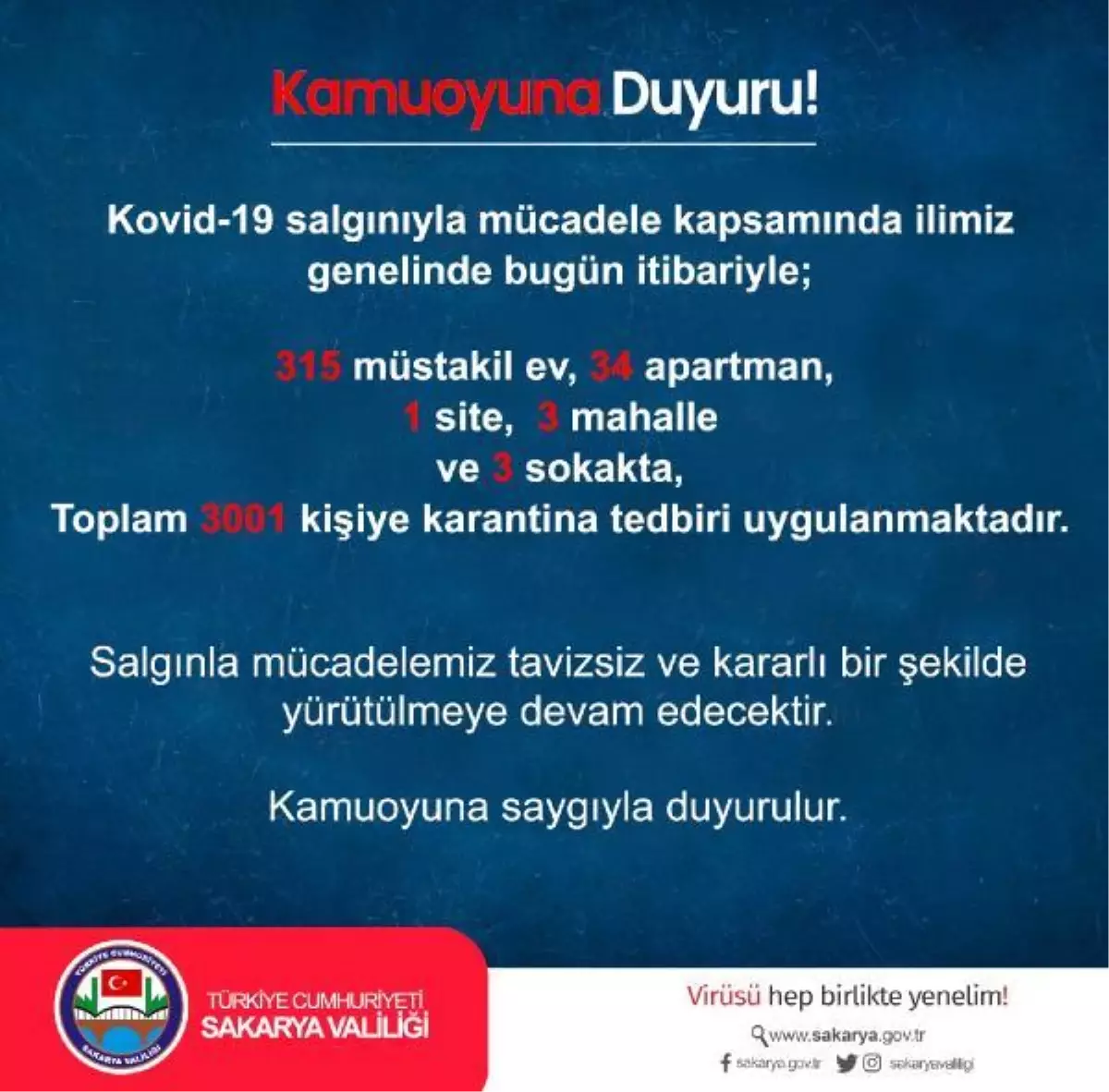 Son dakika gündem: Sakarya\'da 3 bin 1 kişi karantinada