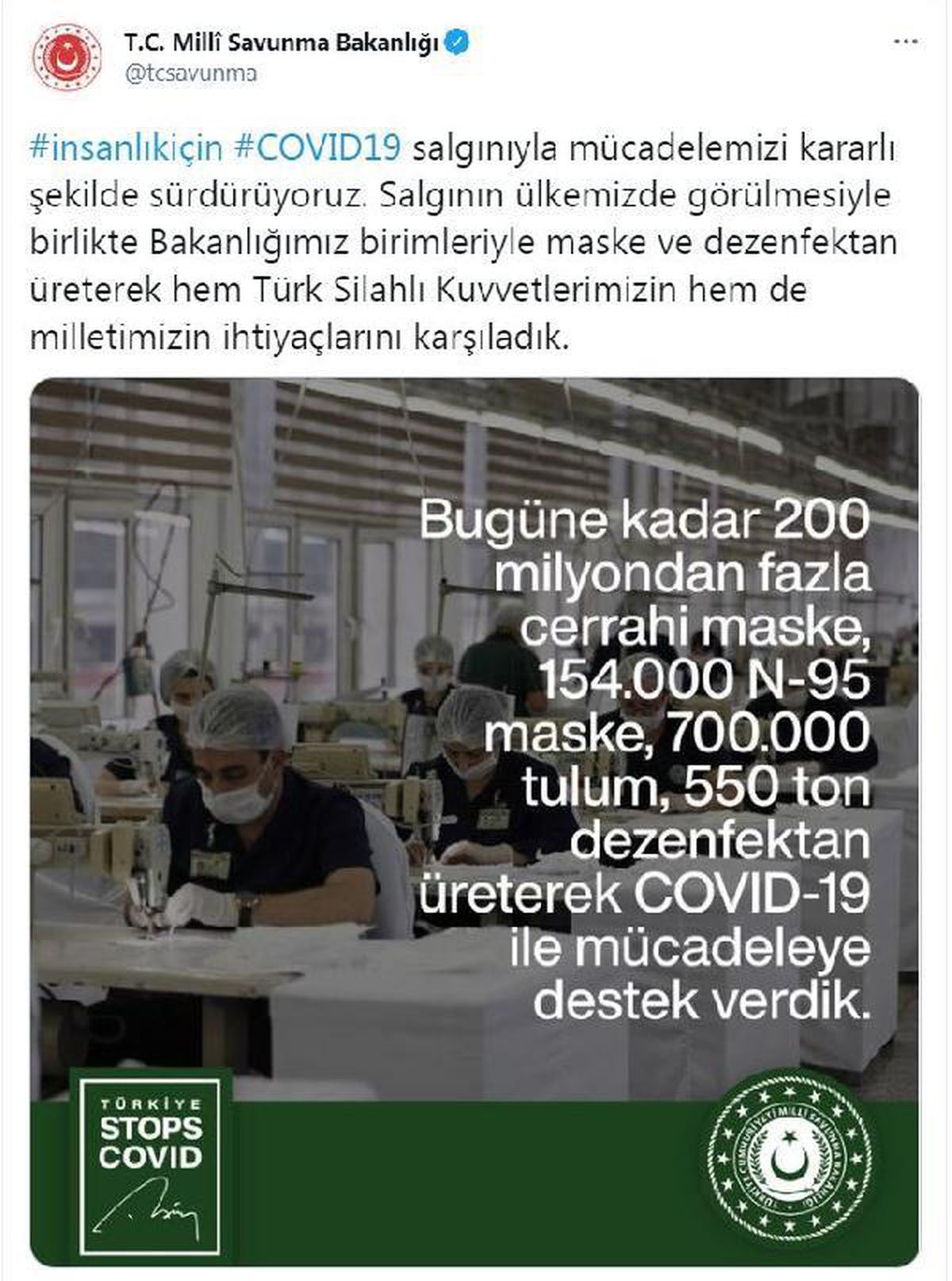 MSB, 200 milyondan fazla maske üretti