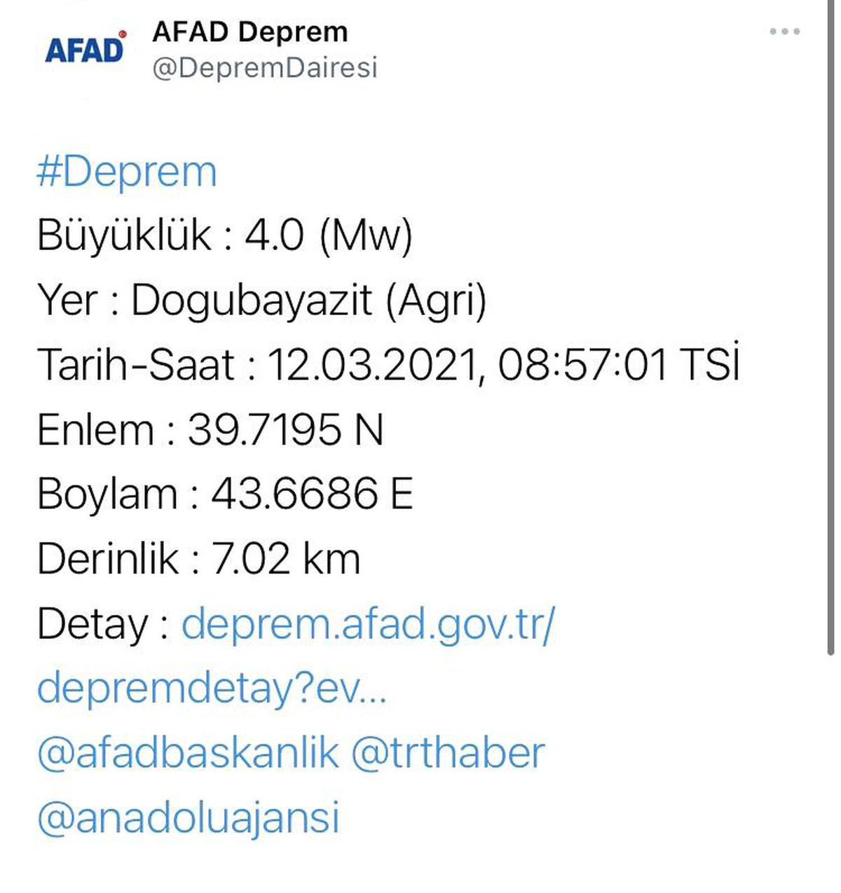 Ağrı\'da 4 büyüklüğünde deprem