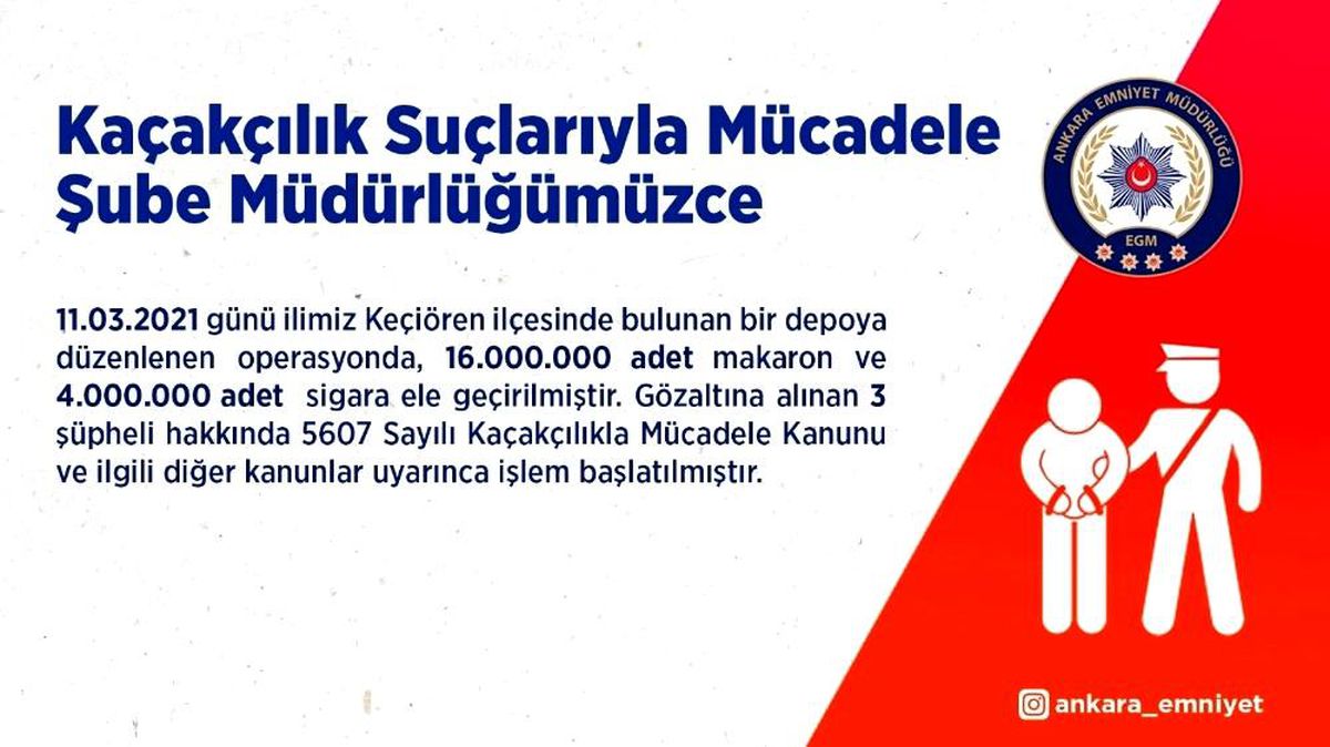 Başkent\'teki kaçakçılık operasyonunda 4 milyon sigara ele geçirildi