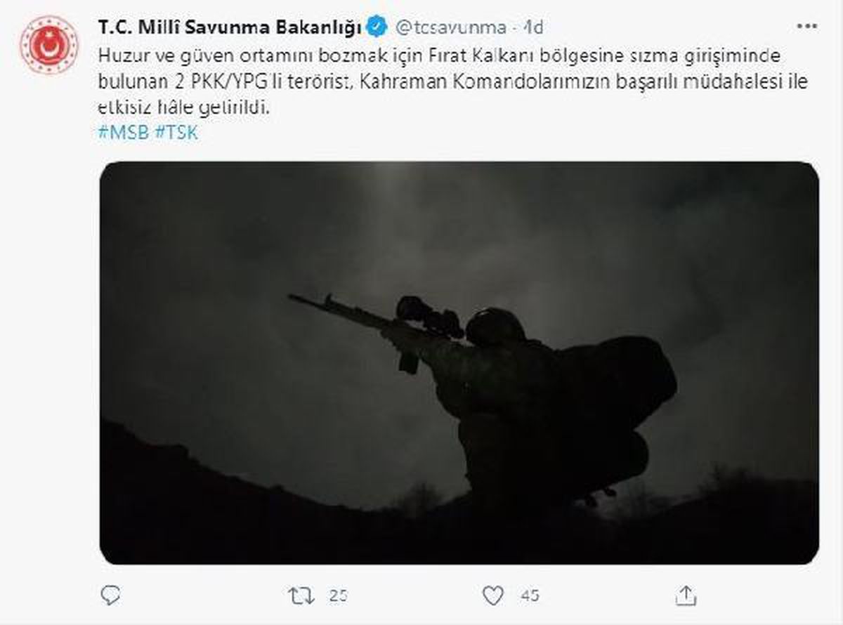 MSB: 2 PKK/YPG\'li terörist etkisiz hale getirildi