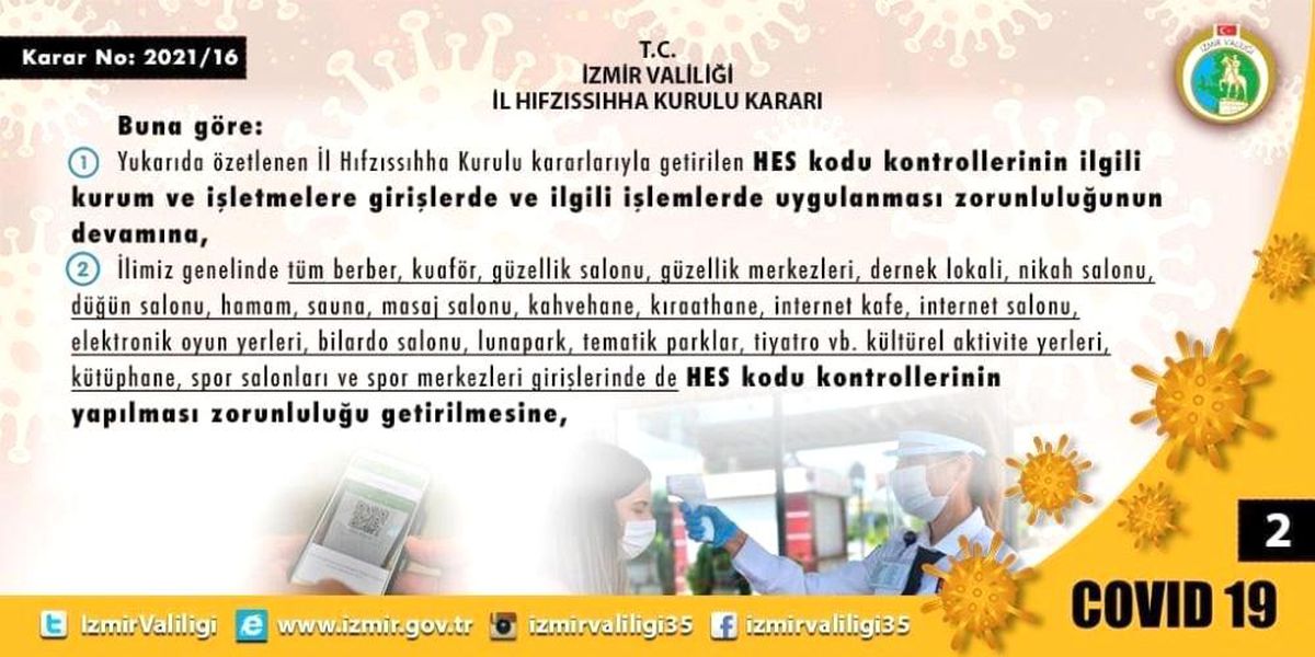 İzmir İl Hıfzıssıhha Kurulundan geniş çaplı \'HES\' kodu kararı