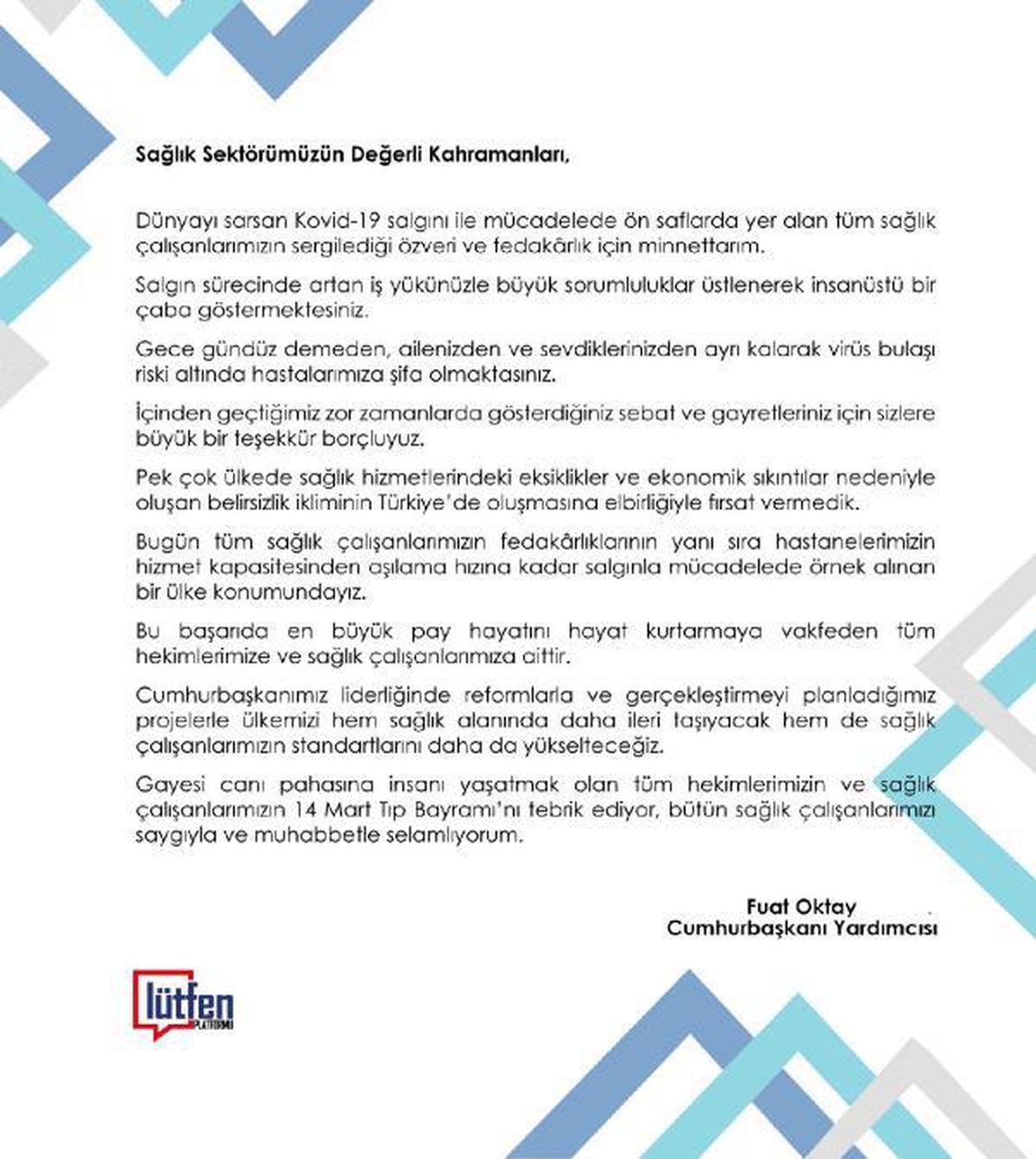 Cumhurbaşkanı Yardımcısı Oktay\'dan sağlık çalışanlarına mektup Açıklaması