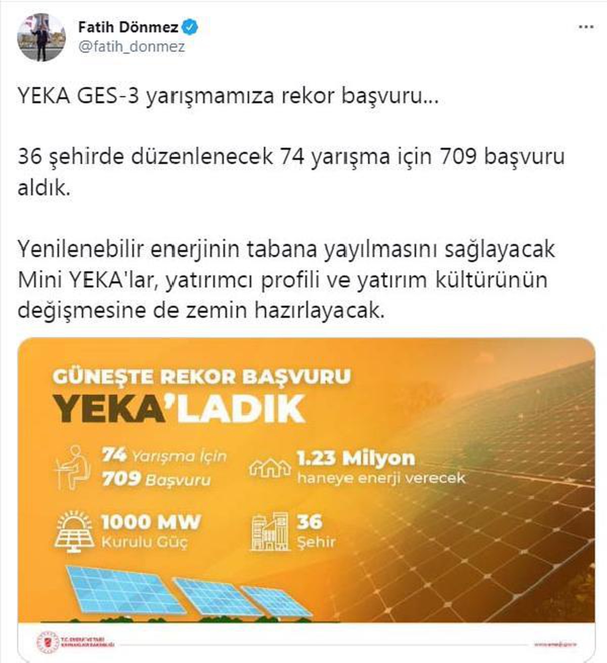 Bakan Dönmez: YEKA GES-3 yarışmasına rekor başvuru aldık