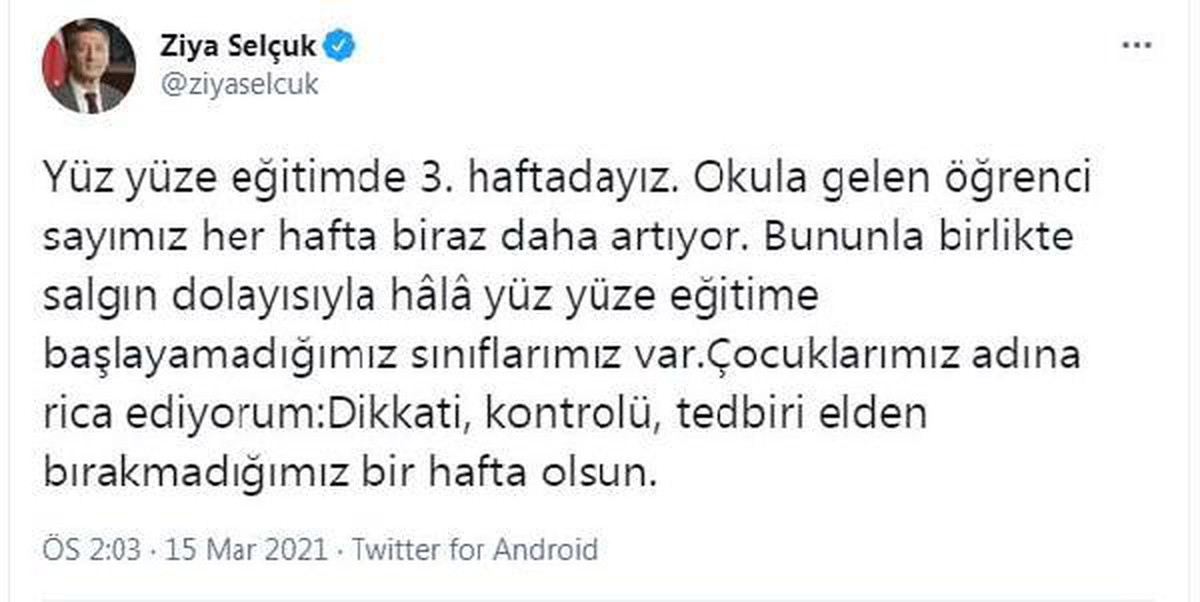 Bakan Selçuk: Yüz yüze eğitimde öğrenci sayısı her hafta artıyor