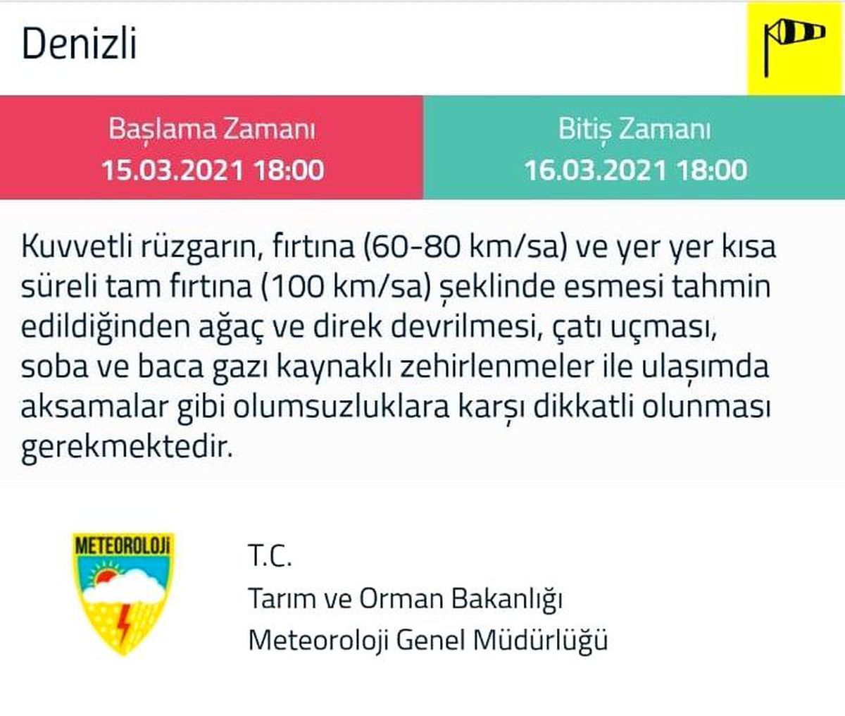 Denizli için \'Sarı\' uyarı