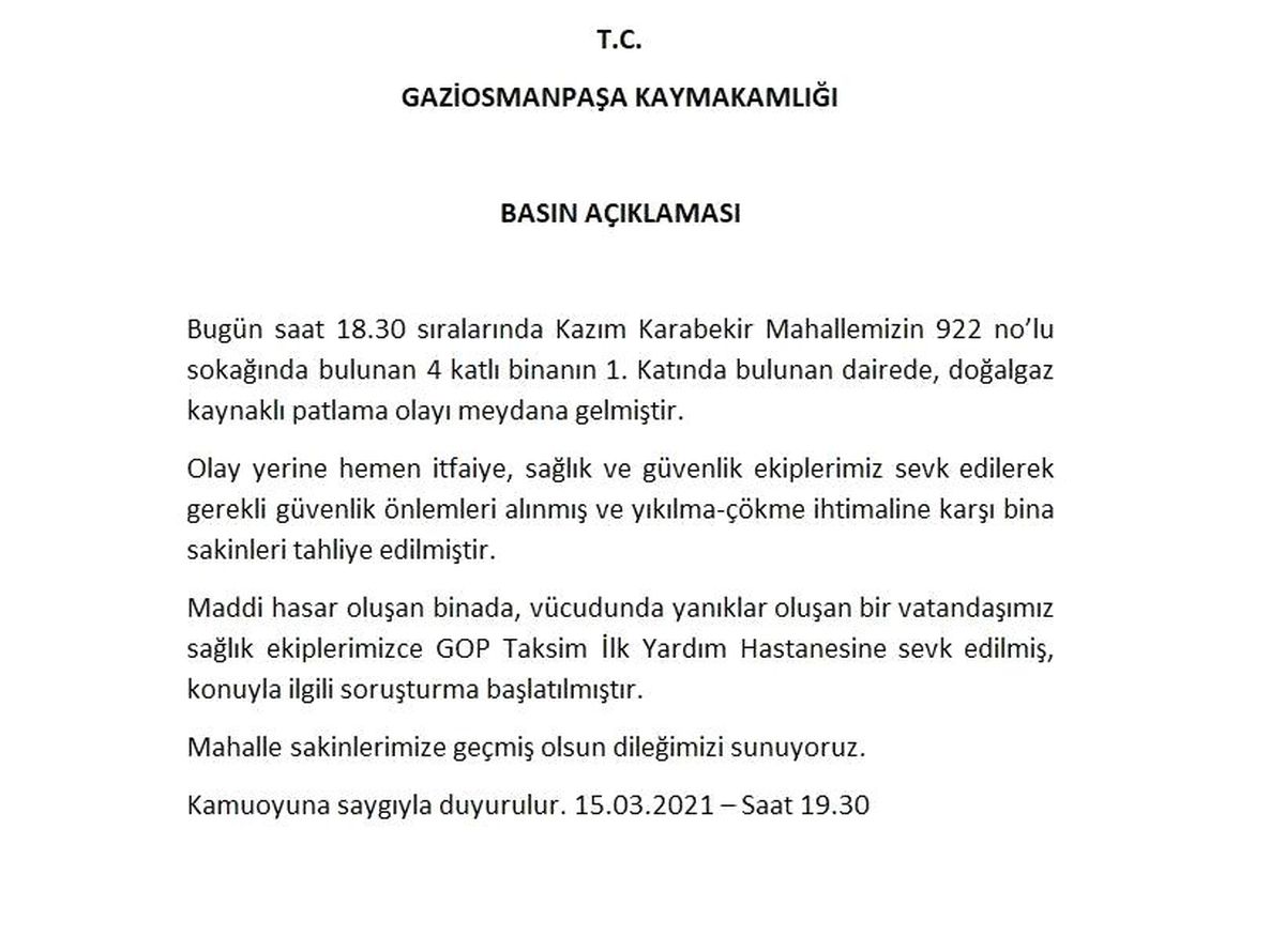 Gaziosmanpaşa Kaymakamlığı\'ndan doğalgaz patlamasına ilişkin açıklama