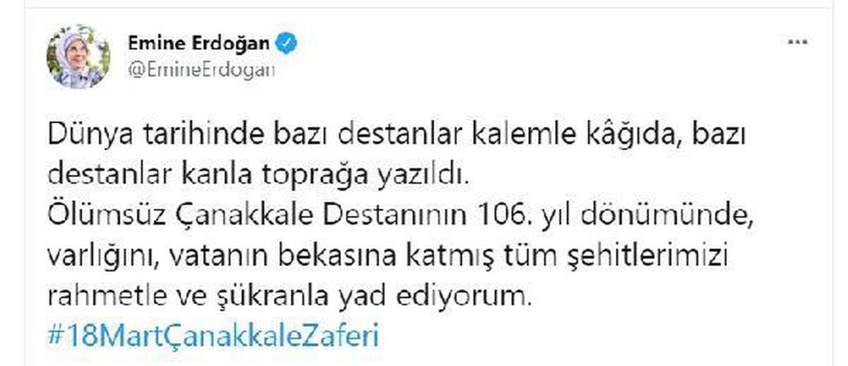 Emine Erdoğan\'dan \'Çanakkale Zaferi\' paylaşımı
