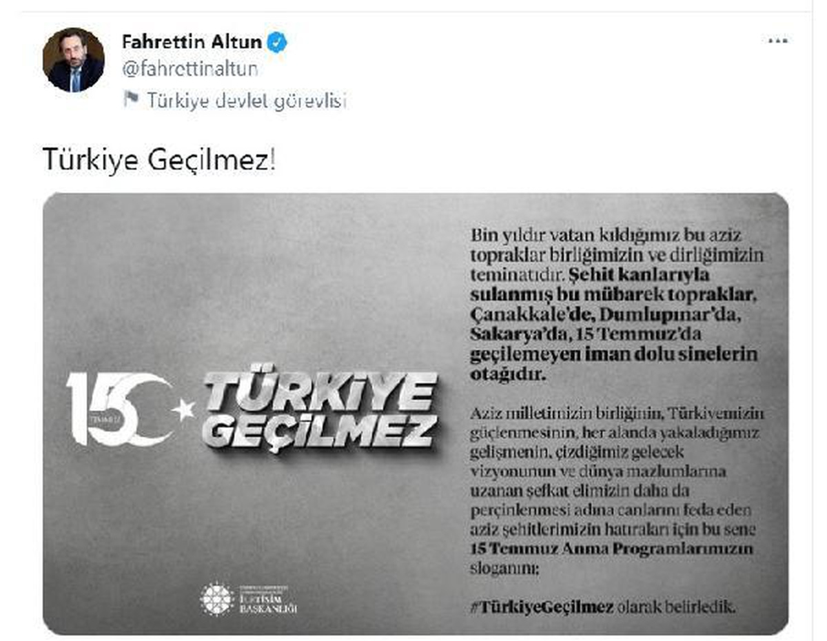 15 Temmuz anma programları bu yıl "Türkiye Geçilmez" temasıyla gerçekleştirilecek