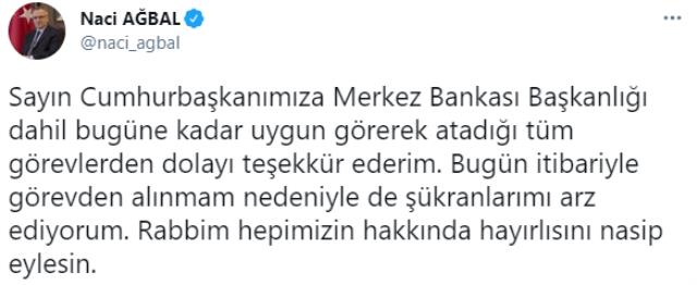 Görevden alınan Merkez Bankası Başkanı Ağbal'ın veda mesajı sosyal medyada gündem oldu