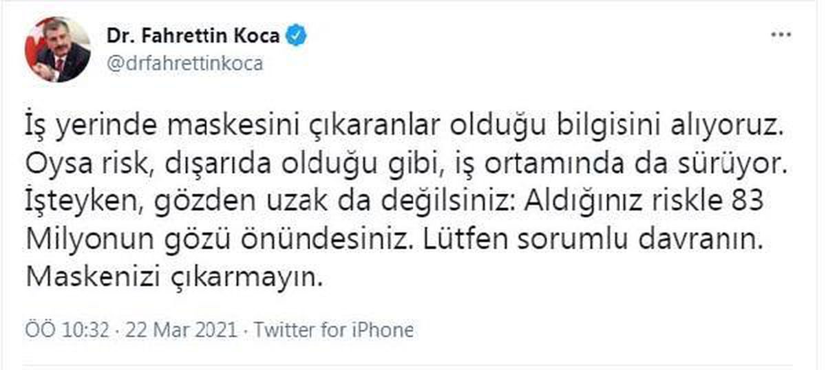 Son dakika haberleri: Sağlık Bakanı Koca\'dan çalışanlara "maske" uyarısı Açıklaması