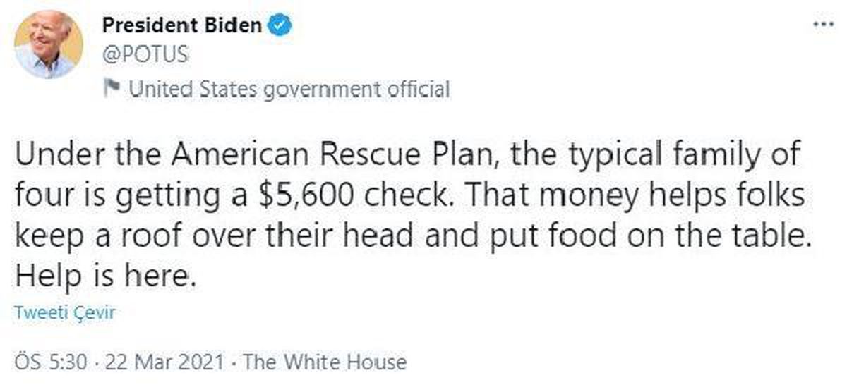 Biden: Dört kişilik bir aile 5 bin 600 dolar yardım alacak