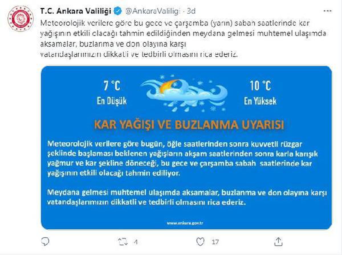 Ankara Valiliği\'nden \'kar\' uyarısı