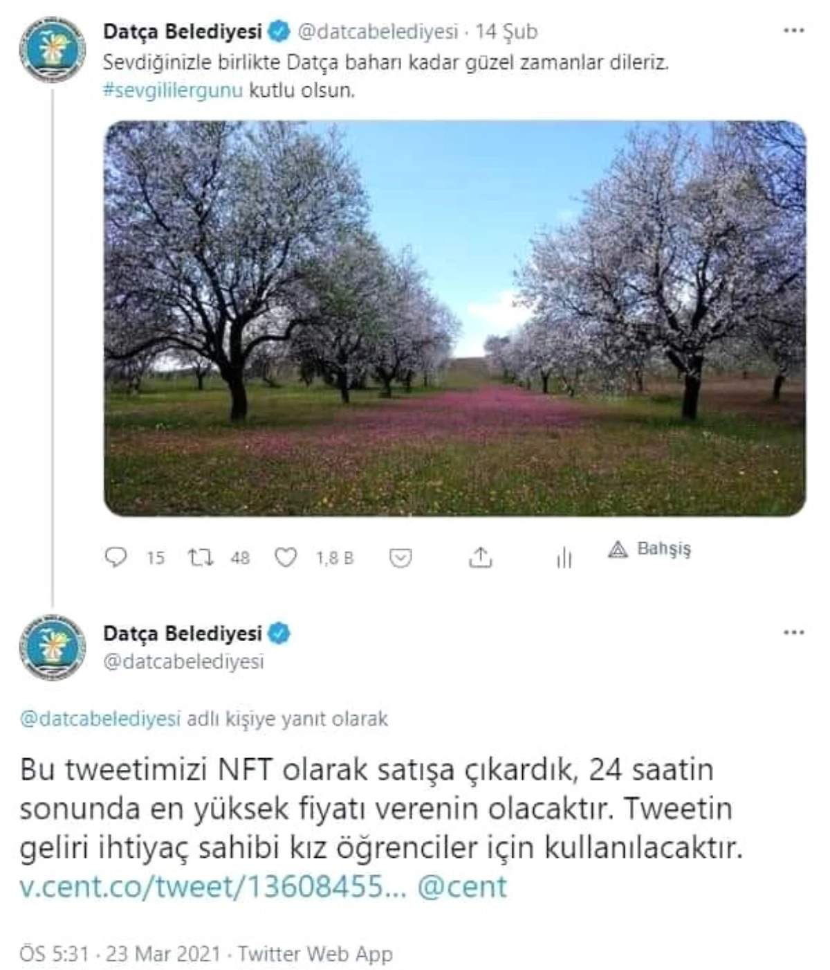 Datça Belediyesi\'nin tweeti 6 bin dolara satıldı