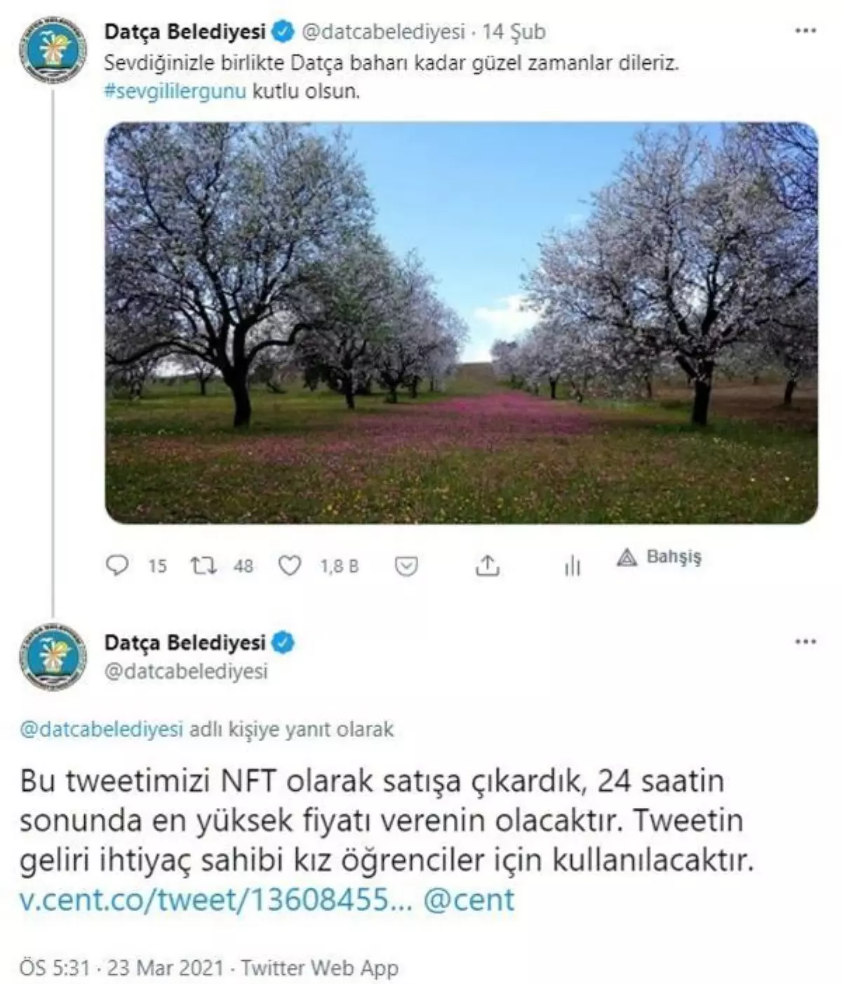 Datça Belediyesi, Sevgililer Günü tweetini 6 bin dolara sattı