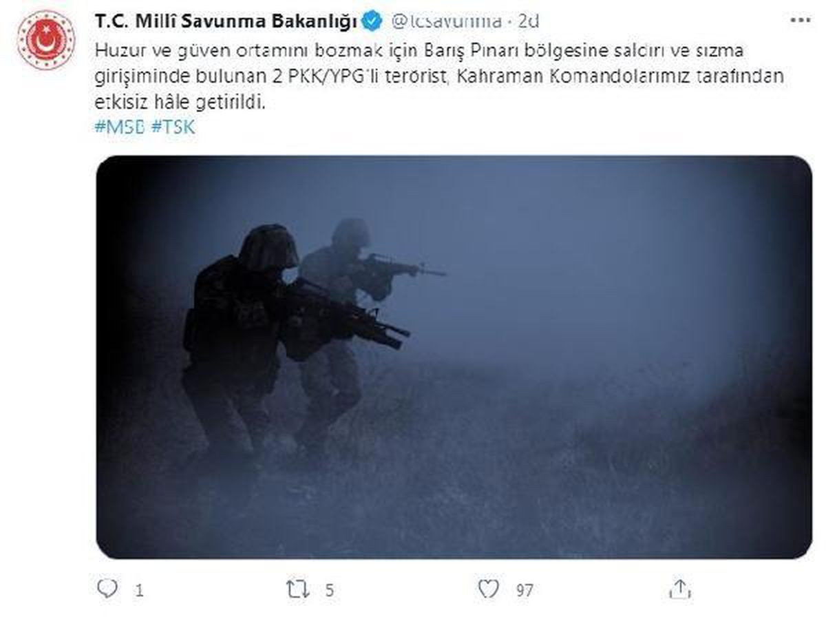 Barış Pınarı bölgesinde 2 PKK/YPG\'li terörist etkisiz hale getirildi