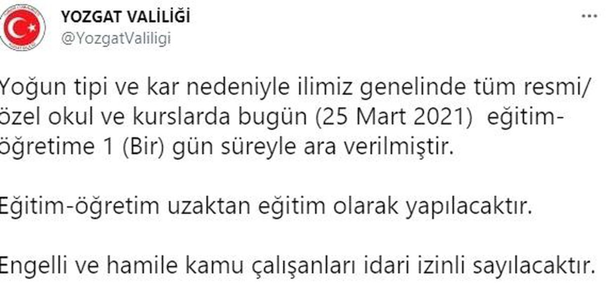 Yozgat\'ta eğitime kar tatili