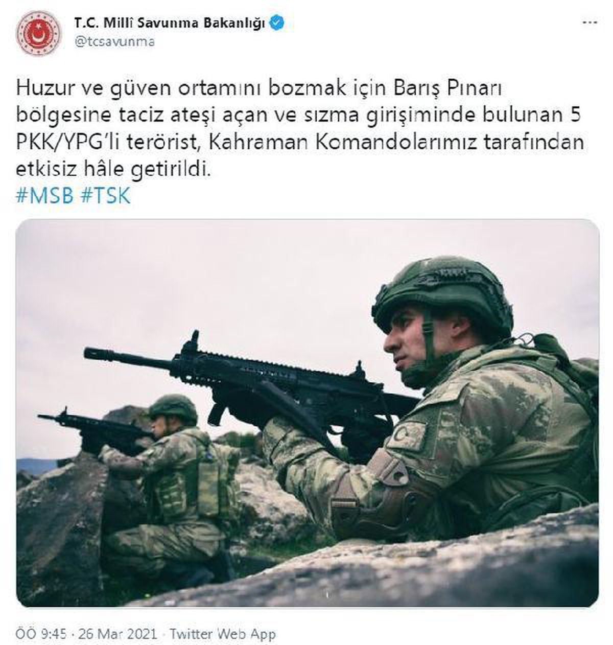 Son dakika haberleri! MSB: Barış Pınarı bölgesine taciz ateşi açan ve sızma girişiminde bulunan 5 PKK/YPG\'li terörist etkisiz hale getirildi.