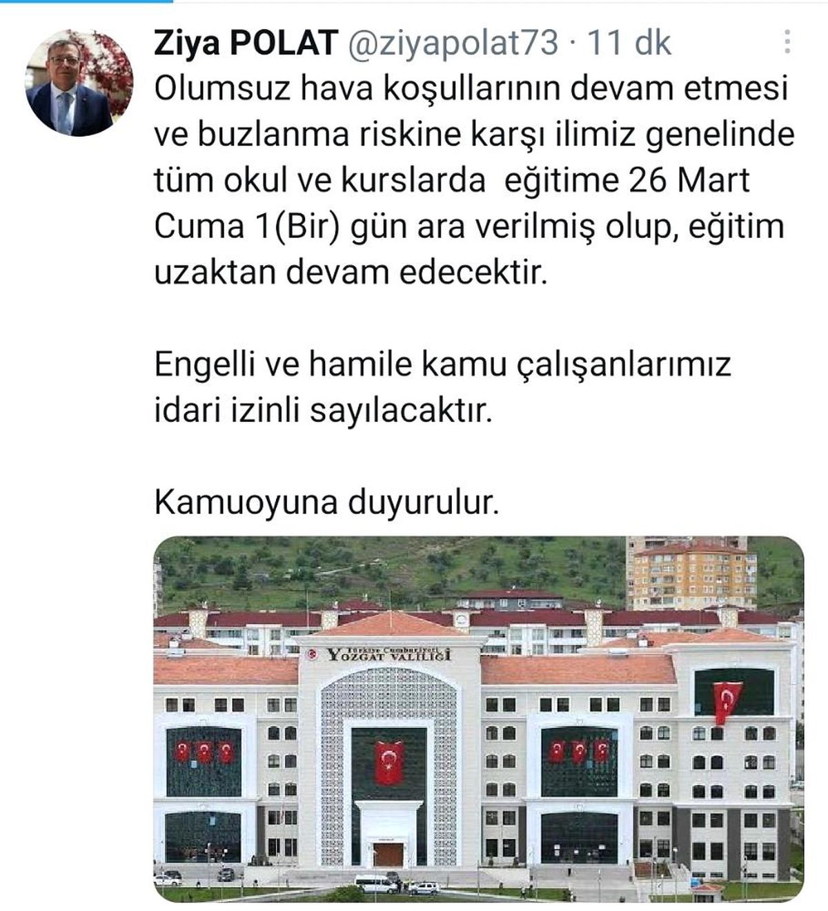 Yozgat\'ta eğitime kar tatili