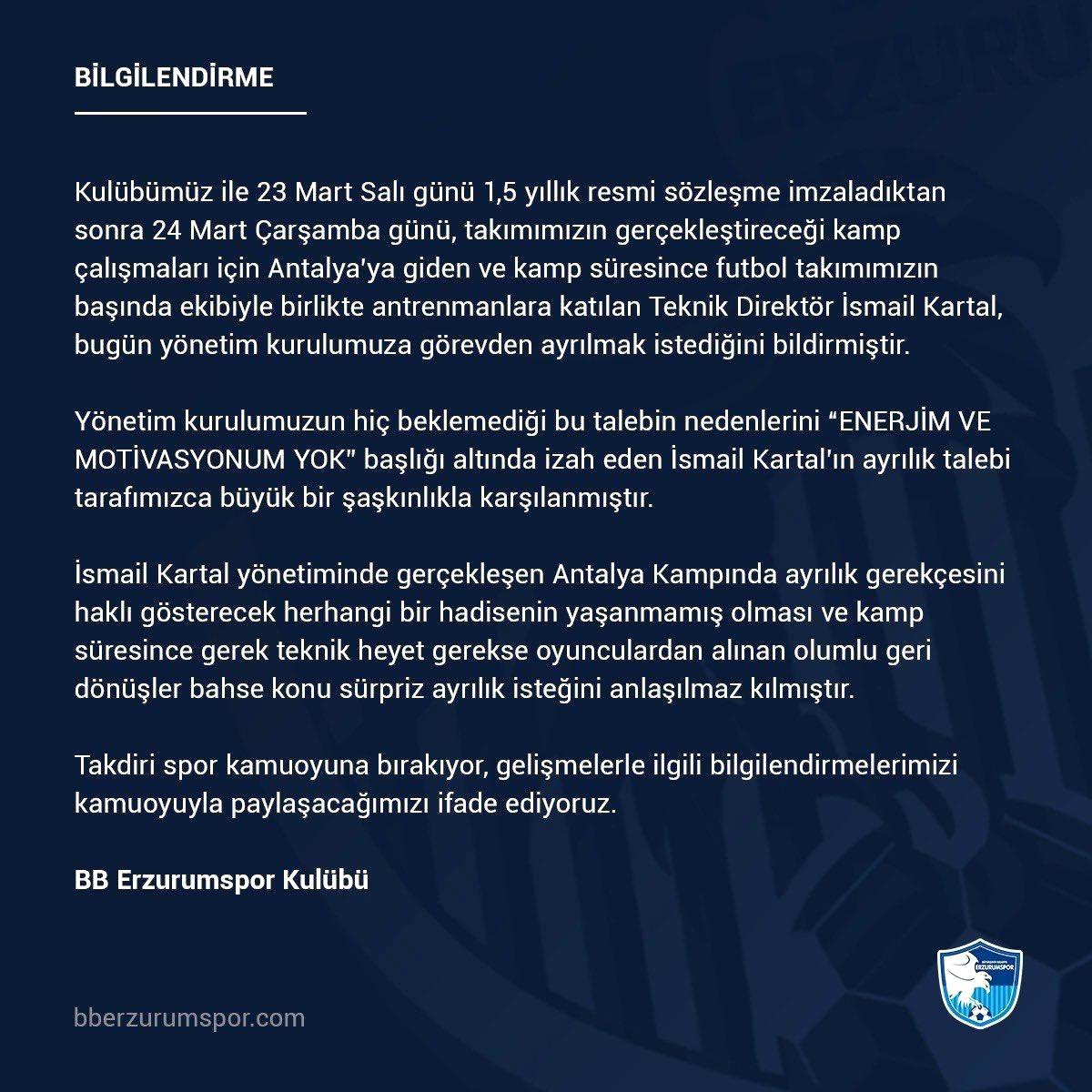 Büyükşehir Belediye Erzurumspor\'da İsmail Kartal ile yollar ayrıldı