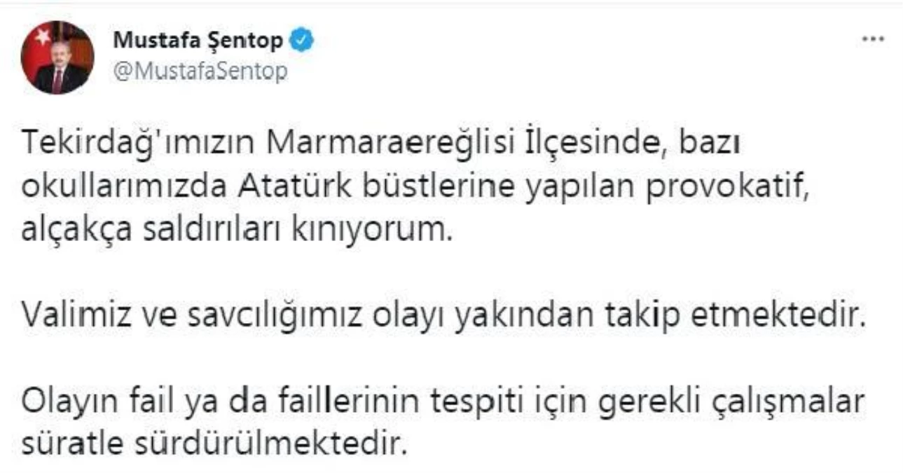TBMM Başkanı Şentop, Tekirdağ\'da bazı okullarda Atatürk büstlerine yapılan saldırıları kınadı Açıklaması