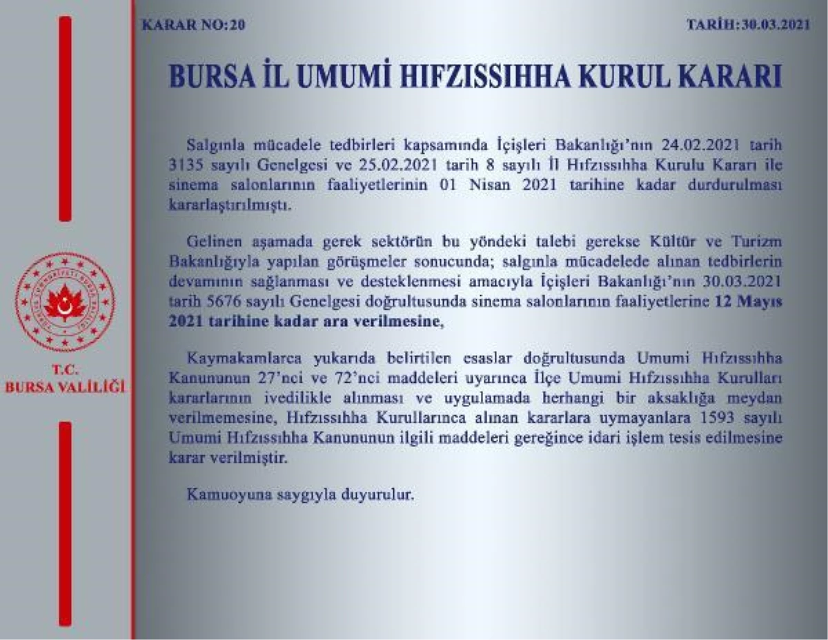 Son dakika haberleri: Bursa\'da sinema salonlarının açılması 12 Mayıs\'a ertelendi