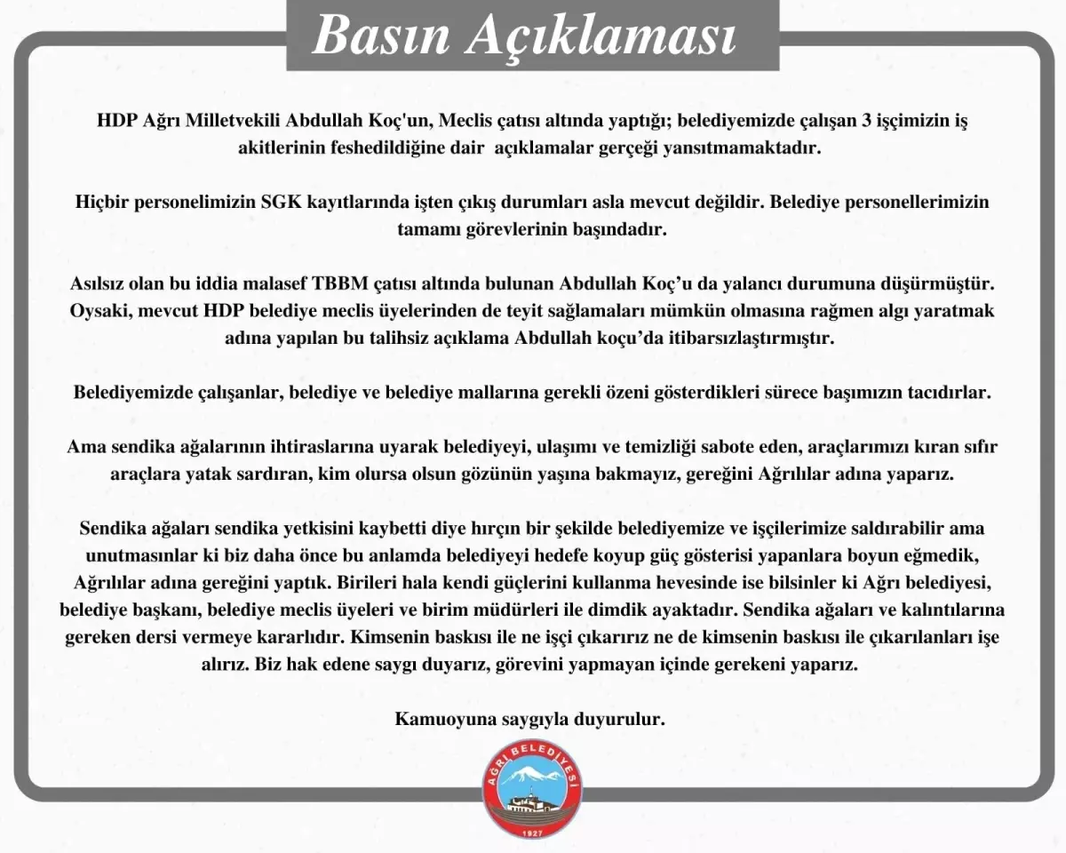 Ağrı Belediyesi, HDP Milletvekili Koç\'un belediyeden işçi çıkarıldığı yönündeki iddialarını yalanladı