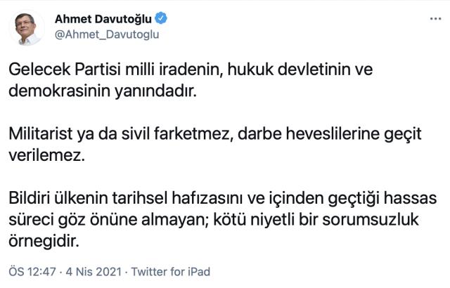 103 amiralin yayınladığı bildiriye bir tepki de Davutoğlu'ndan: Darbe heveslilerine geçit verilemez