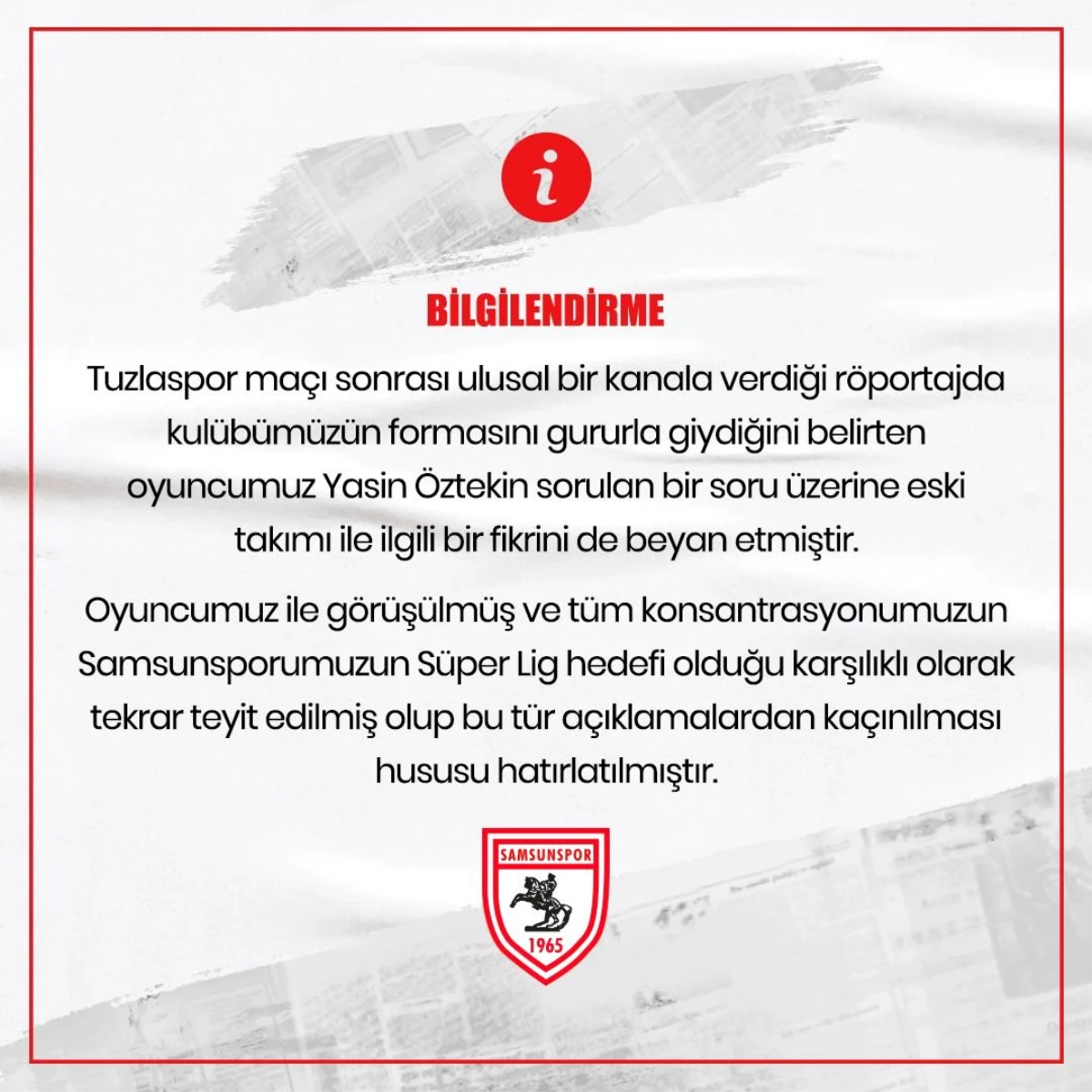 Samsunspor\'dan Yasin Öztekin\'e "Galatasaray" uyarısı